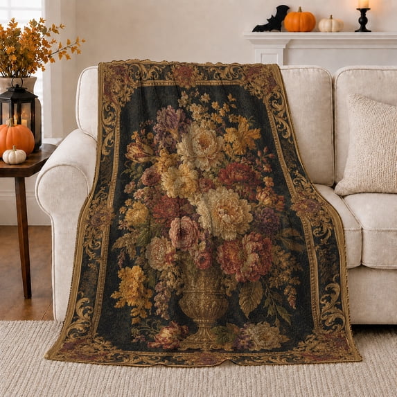 Vintage Floral Urn with Ornate Border, Romantic Gothic Botanical Bouquet Motif for Flower Lovers, Mother's Day Gift, Cozy Flannel Blanket for Bedroom and Guest Room, Elegant Home Decor