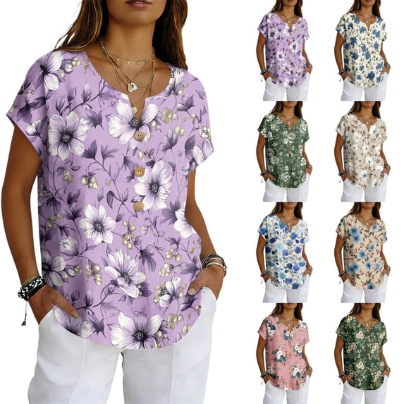 Vintage Floral V-Neck Tunic Tops for Women - Short Sleeve Button Detail Casual Blouse, Loose Fit Cotton-Linen Look Pullover Shirt for Summer & Vacation Complexion S
