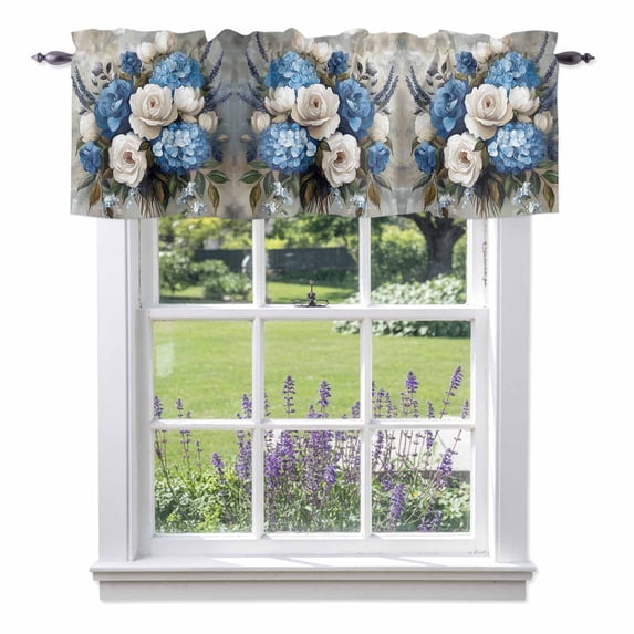 Vintage Floral Valance Curtain White Blue Rose Hydrangea Leaf Oil Painting Window Valances Rod Pocket Short Curtains Window Treatments for Kitchen Bedroom Bathroom Laundry 42" x 18"