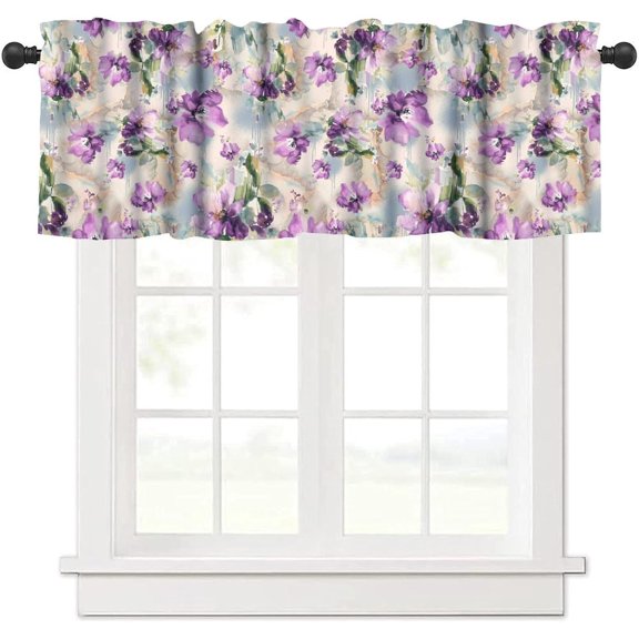 Vintage Floral Valance Curtains,Purple Flowers Abstract Art Short Drapes for Kitchen Bedroom Cafe Window Treatment 1 Panel 54" W x 18" L Inch