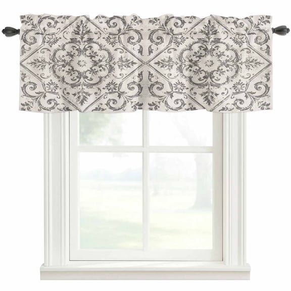 Vintage Floral Valances for Windows 42 x 12in Classical Beige Grey Damask Distressed Pattern Rod Pocket Kitchen Valance Curtain Light Filtering Window Treatments for Living Room Bedroom, 1 Panel
