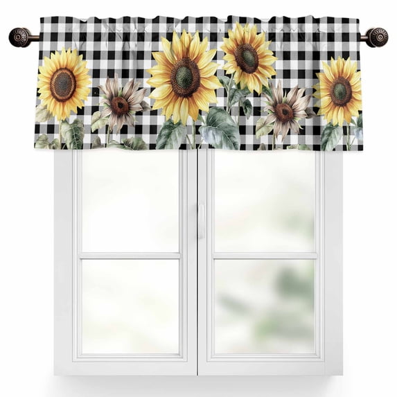 Vintage Floral Valances for Windows, 42 x 18in, Sunflowers Black Buffalo Plaid Farmhouse Rod Pocket Kitchen Valance Curtain Light Filtering Window Treatments for Living Room Bedroom, 1 Panel