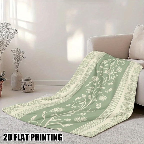 Vintage Floral Vine Edge Flannel Blanket, Lightweight Warm Sage Green Beige Throw, All-Season Soft Bedspread Sofa Blanket for Living Room Bedroom, Machine Washable