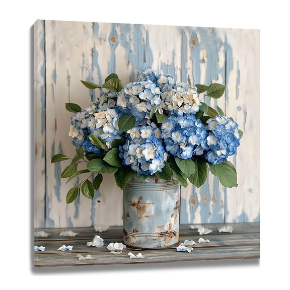 NEONWE Vintage Floral Wall Art, Blue Hydrangea with Green Leaf in Vase 12x12 Framed Canvas Art Prints
