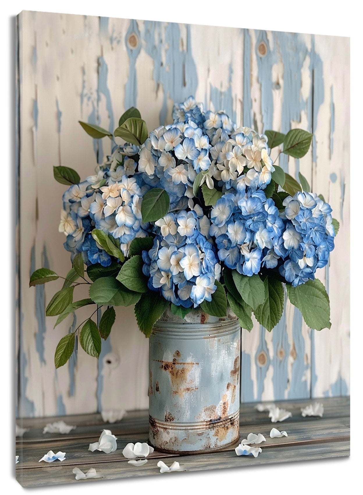 NEONWE Vintage Floral Wall Art, Blue Hydrangea with Green Leaf in Vase ...