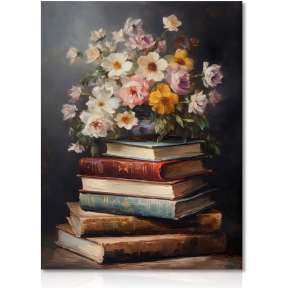 Vintage Floral Wall Art Moody Flower Books Canvas Wall Art Oil Painting Poster Dark Academia Aesthetic Decor for Bedroom 12x16in Unframed