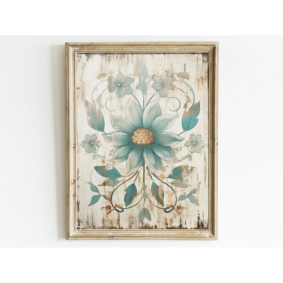 Vintage Floral Wall Art, Ornamental Flower Wall Decor, Distressed Teal Flowers Print, Rustic Wall Art Wood,Farmhouse Decor Wall Art, Modern Wall Decor, 8x12 UNFRAMED