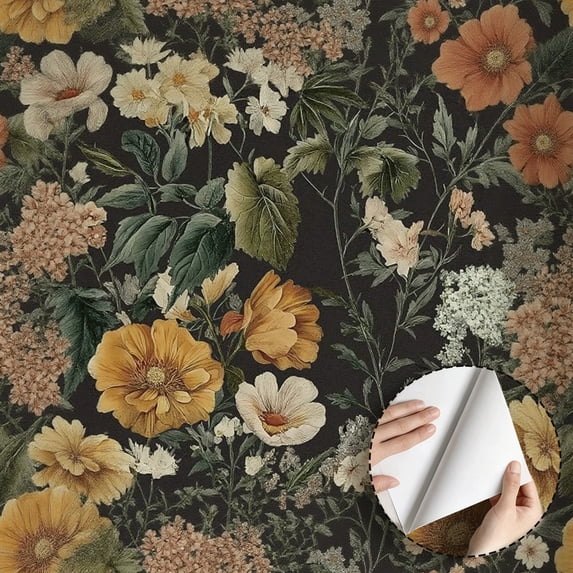 Vintage Floral Wallpaper, Dark Botanical Garden Peel and Stick Waterproof Wall Decoration for Bedroom Living Room Kitchen Cabinet Rental Property Home Decor 17.7 * 118 in