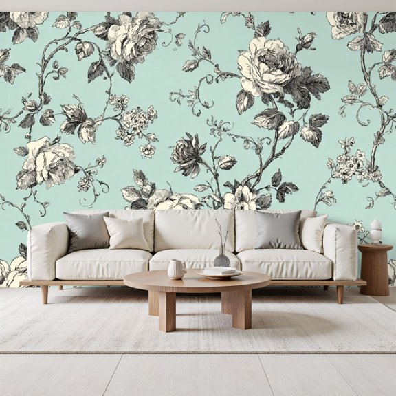 Vintage Floral Wallpaper Light Blue Peel and Stick Wall Murals 69"H x 96"W Removable PVC Wall Paper Self-Adhesive Wall Decor for Bedroom Living Room