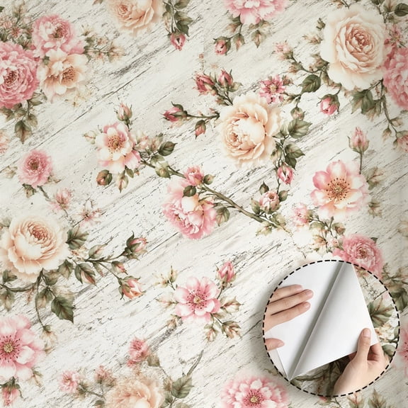 Vintage Floral Wallpaper Shabby Chic Rose Pattern Wall Decoration Peel and Stick Wallpaper Waterproof Contact Paper Removable for Bedroom Living Room Bathroom Kitchen Cabinet 17.7 * 78.5 in