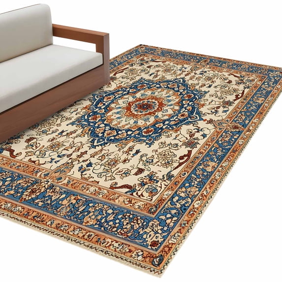 Vintage Floral Washable Area Rug 2.7 x 5 ft Navy Brown Classical Ethnic Bohemian , Soft Non Slip Rugs Stain Repellent Indoor Felt Carpet for Living Dining Room Bedroom Home Office