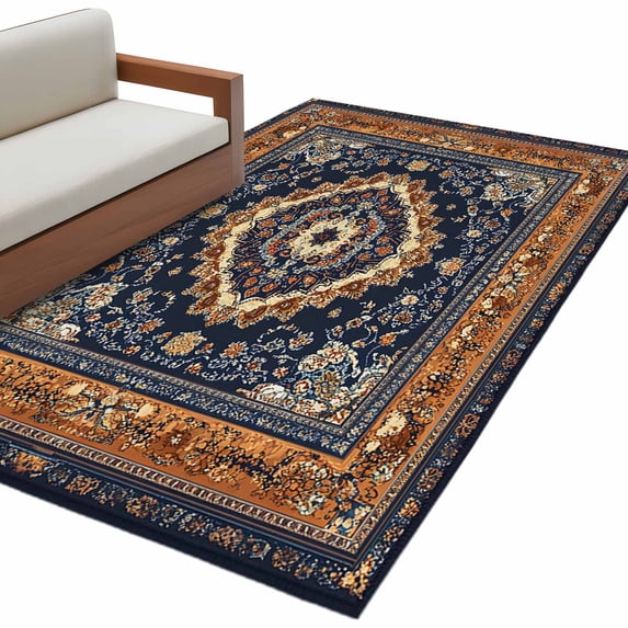 Vintage Floral Washable Area Rug 4 x 6 ft Navy Brown Classical Bohemian Farmhouse , Soft Non Slip Rugs Stain Repellent Indoor Felt Carpet for Living Dining Room Bedroom Home Office