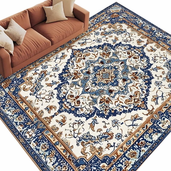 Vintage Floral Washable Area Rug 6 x 9 ft Navy Brown Classical Bohemian Style , Soft Non Slip Rugs Stain Repellent Indoor Felt Carpet for Living Dining Room Bedroom Home Office