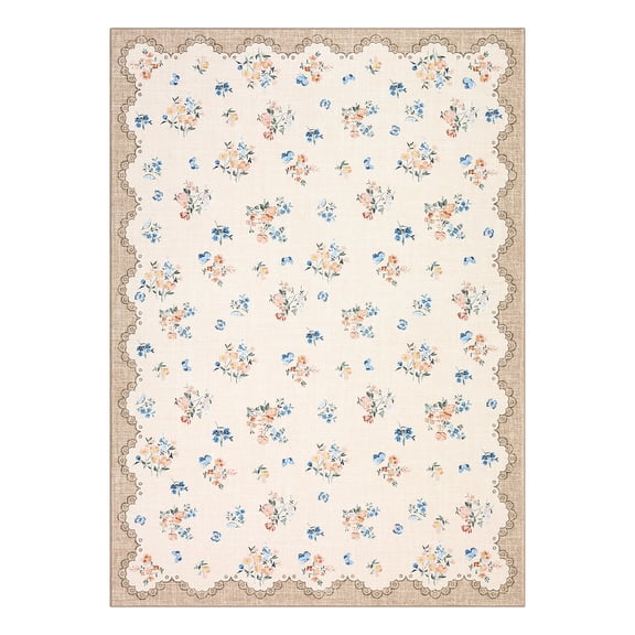 Vintage Floral Washable Area Rug - Low Pile Scalloped Lace Edge Carpet - Soft Non-Slip Nursery and Bedroom Rug, Easy to Clean Shabby Chic for Living Room, Dining Room, Office - Beige, 8x10ft