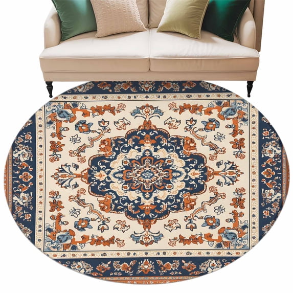 Vintage Floral Washable Round Area Rug 8 ft, Orange Navy Classical Bohemian Farmhouse , Soft Non Slip Rugs Stain Repellent Indoor Felt Carpet for Living Dining Room Bedroom Home Office