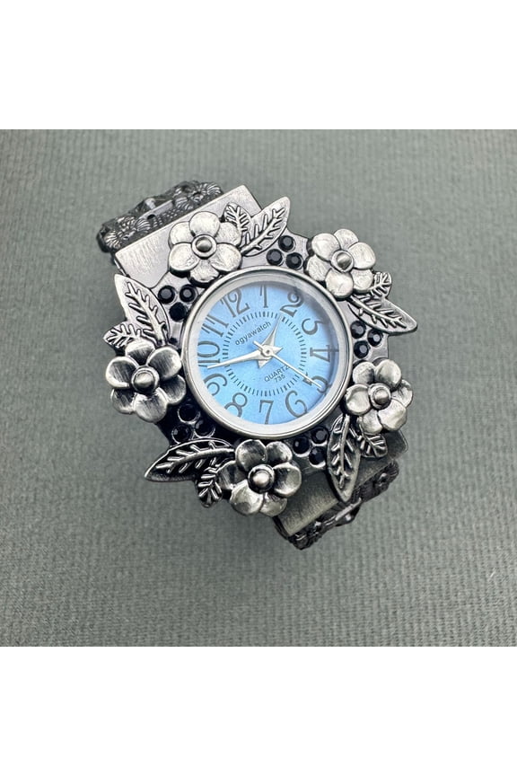 Vintage Floral Watch Blue Dial with Antique Silver Embellishments Romantic Retro Statement Piece