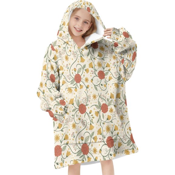 Vintage Floral Wearable Blanket Hoodie, Flannel Sweatshirt Blanket with Sleeves & with Sleeves & Pockets, Warm Gifts Ideas for Teen Girls Boys