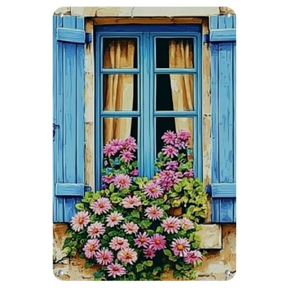 Vintage Floral Window with Blue Shutters Iron Tin Sign Wall Art -Rustic Metal Plaque for Home Decor, Cafe, Apartment, Restaurant, Living Room, Holiday Gift