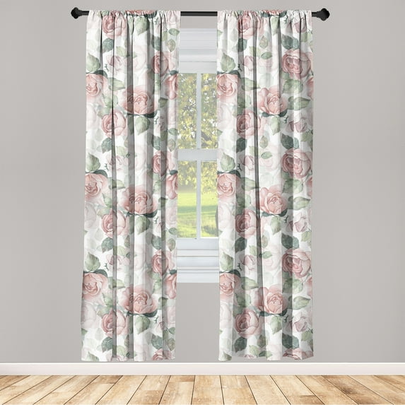 Vintage Floral Window Curtains, English Roses with Pastel Color Palette Floral Nature Themed Print, Lightweight Decor 2-Panel Set with Rod Pocket, Pair of - 28"x63", Blush and Sage Green, by Ambesonne