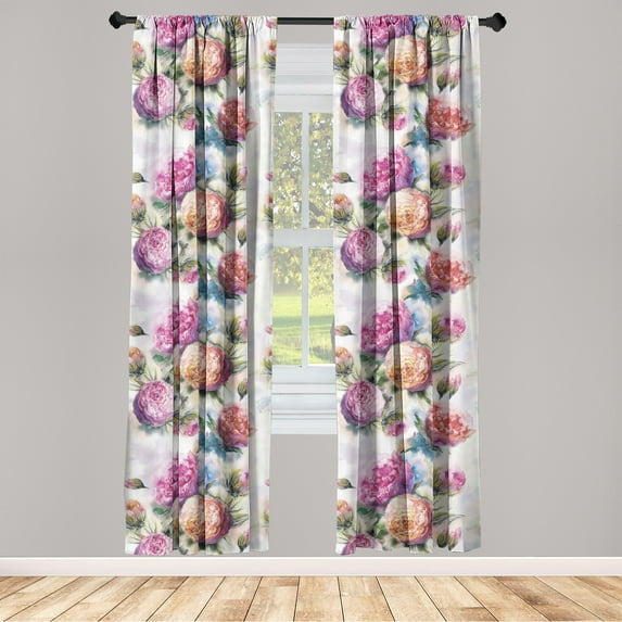 Vintage Floral Window Curtains, Watercolor Flowers Boho with Leaves on Hues Aquarelle Back Art, Lightweight Decor 2-Panel Set with Rod Pocket, Pair of - 28"x84", Pale Fuchsia Dark Peach, by Ambesonne