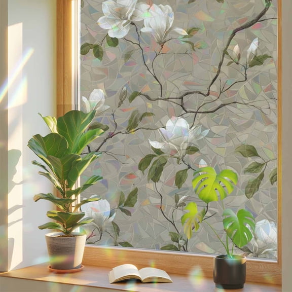 Vintage Floral Window Privacy Film, Magnolia Flowers Branches Rustic Botanical Brown Stained Glass Rainbow Film Decorative Window Clings, Static Cling Sun Blocking Stickers 17.7" x 39.3"