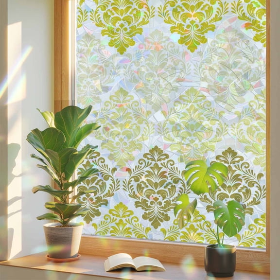 Vintage Floral Window Privacy Film, Yellow Flower Pattern Country Gradient Stained Glass Rainbow Film Decorative Window Clings, Static Cling Sun Blocking Stickers 23.6" x 59"