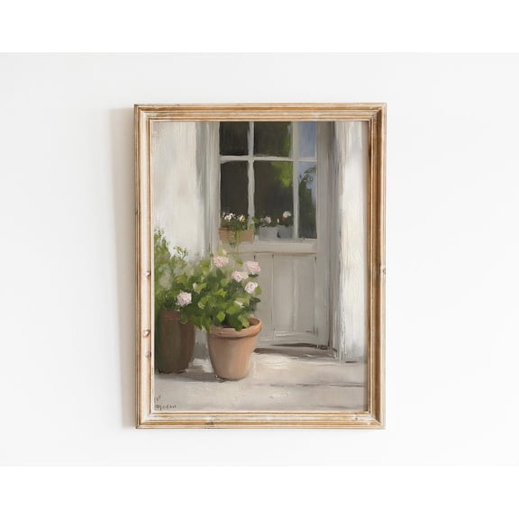 Vintage Floral Window Still Life Neutral Soft Colors Spring Home, Unframed Canvas