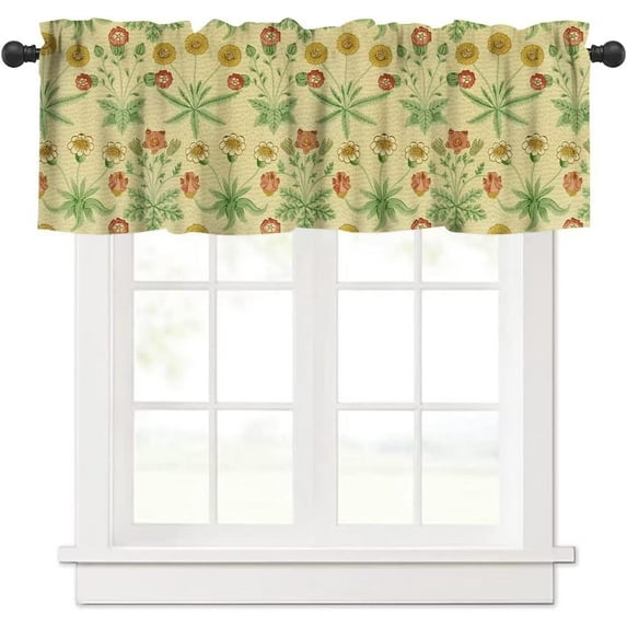 Vintage Floral Window Valance Curtain, William Morris Colorful Boho Flower Retro Botanical Plant Window Treatment Valances for Kitchen Living Room Café Décor 54''x18'', 1 Panel