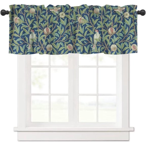 Vintage Floral Window Valance Curtain, William Morris Pomegranate Birds Boho Flower Retro Botanical Plant Window Treatment Valances for Kitchen Living Room Café Décor 54''x18'', 1 Panel
