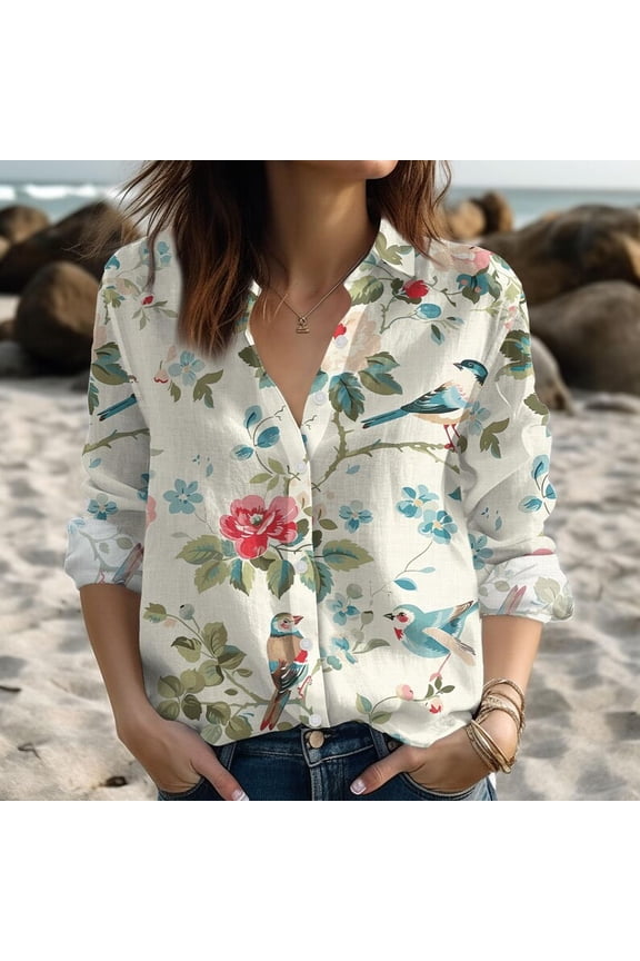 , Cottagecore Birds Blouse Shirt, Birds Girl, Flower Casual Shirt, Gift For Her, Boho Cottagecore Shirt