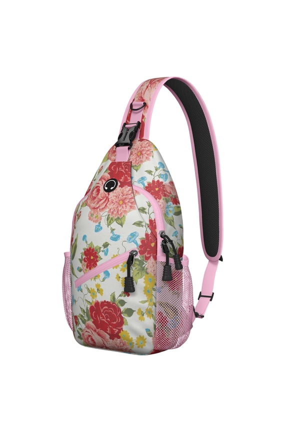Vintage Floral and Bee Print Sling Backpack, Lightweight Romantic Crossbody Bag with Botanical Bloom for Travel and Hiking