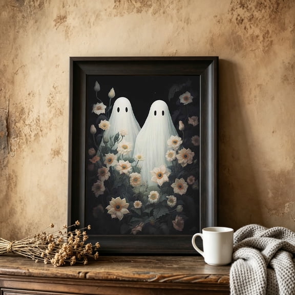 Vintage Floral and Ghost Wall Art Print, Halloween Canvas Poster, For Home Bedroom Decor Unframed