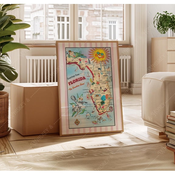 Vintage Florida Map Poster Retro Travel Poster , Poster Print Only