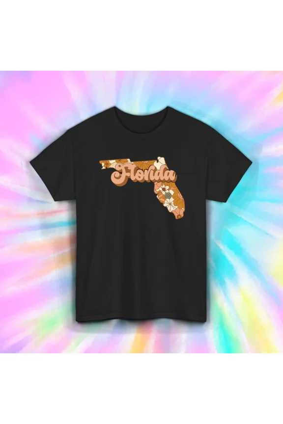 Vintage Florida Map Retro 70s Floral State Pride Graphic Tee Unisex T-Shirt, up to Size 5XL