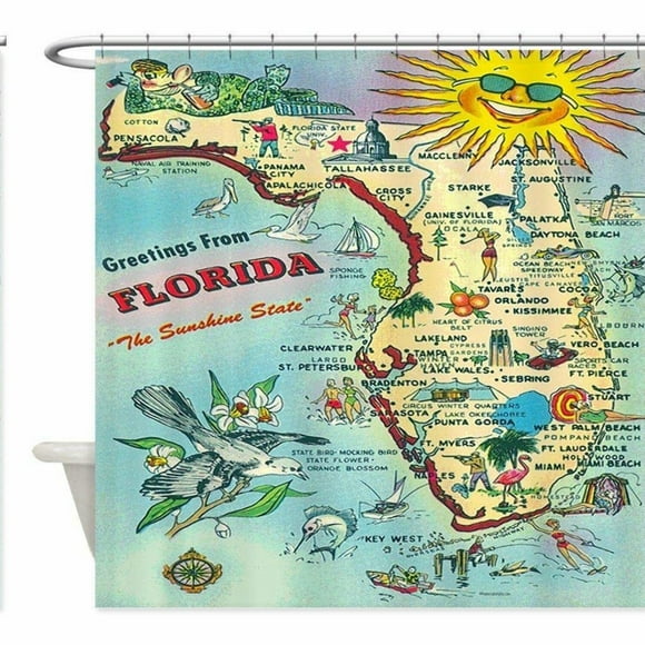 Vintage Florida Map Waterproof Shower Curtain - 70x70in Decorative Fabric