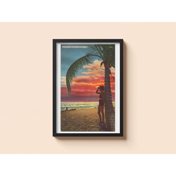 Vintage Florida Sunset Postcard Boston Public Library Palm Tree Unframed Paper Print