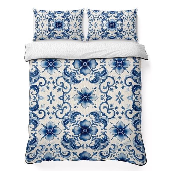 Vintage Flower 3 Piece Quilt Bedding Set with 2 Pillow Shams, Greek Cobalt Blue Mandalas Floral Tile Texture Lightweight Bedspread Coverlet, Soft Breathable All Season Quilt, 68 x 86 Inch