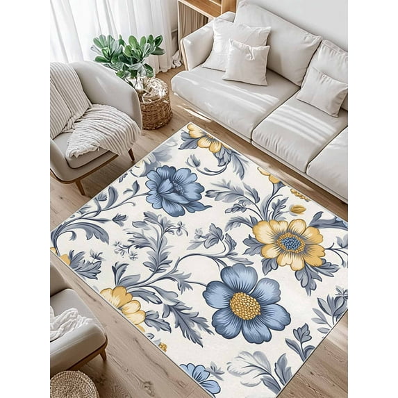 Vintage Flower Area Rug for Bedroom 5x7 Ft Abstract Floral Art Leaf Yellow Blue Super Soft fuzzy Throw Rug Non-Slip Fluffy Plush Indoor Floor Carpet for Living Room Nursery Home Decor