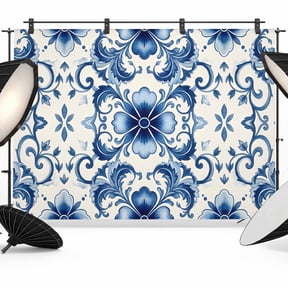 Vintage Flower Backdrops for Photography, Greek Cobalt Blue Mandalas Floral Tile Texture Fabric Photo Background Sturdy Studio Props for Photo Studio, Video Recording, Booth & Photoshoot 7x5ft