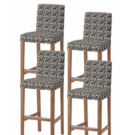 Vintage Flower Bar Stool Covers Set of 4, Yellow Spring Floral Leaf Pastoral Birds Navy Blue Stretch Bar Chair Covers with Backs, Removable Pub Counter Height Chair Cover for Kitchen Dining Room Cafe