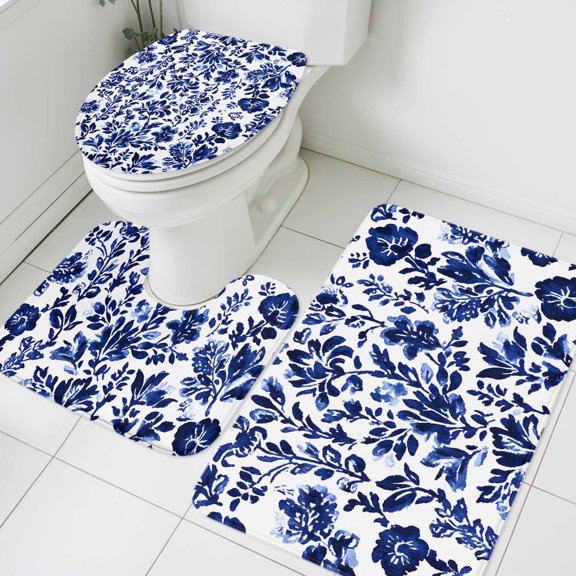 Vintage Flower Bathroom Rugs Set Spring Abstract Dark Blue Floral Pattern Retro Non Slip Absorbent Soft Bath Mats 3 Piece Set with Bathroom Rug, U-Shaped Floor Mat, Toilet Seat Cover Small Size