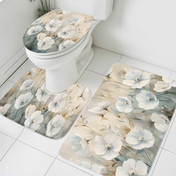 Vintage Flower Bathroom Rugs Set White Floral Farm Oil Painting Non Slip Absorbent Soft Bath Mats 3 Piece Set with Bathroom Rug, U-Shaped Floor Mat, Toilet Seat Cover Large Size