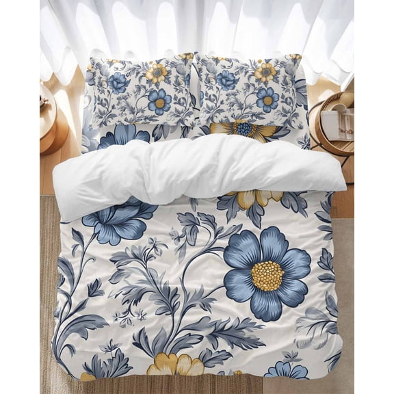 Vintage Flower Bedding Duvet Cover Set Full Size 4 Pieces Abstract Floral Art Leaf Yellow Blue Bedding Set with Zipper Closure, 1 Comforter Cover 86x86 Inches 1 Flat Sheet & 2 Pillow Cases