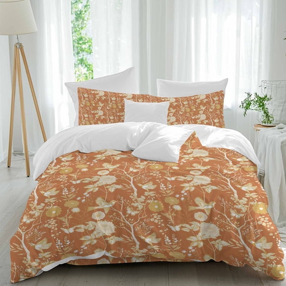Vintage Flower Bird Butterfly Herb Full Size Comforter Set, Country Garden Orange Bedding for All Seasons, 4 Pcs Bed Set, 1Quiltcover (86"x86") ,1Sheet(80"x116"), 2Pillowcases (30"x20")