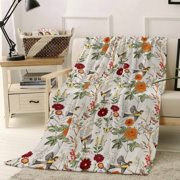 Vintage Flower Bird Butterfly Herb Throw Flannel Blanket 50x60In Country Garden Super Soft Cozy Bed Blanket, Lightweight Plush Fuzzy Bed Throw for Bedroom Sofa Couch Living Room
