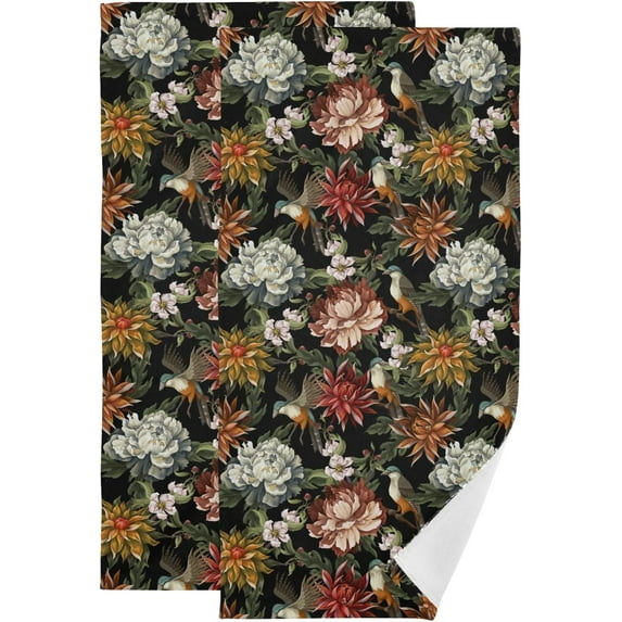 Vintage Flower Bird Hand Towels 2 PCS, Retro Peony Floral Kitchen Towel Ultra Soft and Highly Absorbent,Decorative Fingertip Face Towel for Bathroom Hotel, 28.3"x14.4"
