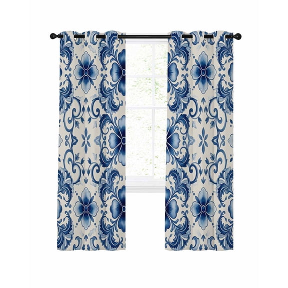 Vintage Flower Blackout Curtains for Bedroom Living Room, Greek Cobalt Blue Mandalas Floral Tile Texture 54 In Long Thermal Insulated Room Darkening Drapes Grommet Window Treatments, 42 x 54 In