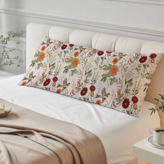 Vintage Flower Body Pillow Cover, Pillowcase Protectors with Zipper, Breathable Decorative Throw Pillow Case Cover, Farmhouse Bird Butterfly Red Floral Pillow Shams for Couch Sofa 20x54Inch