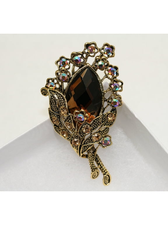 Vintage Flower Brooch - 3D Amber Rhinestone Flower Cluster Brooch Pin W Antique Gold TONE!