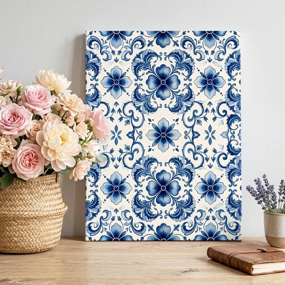 Vintage Flower Canvas Wall Art for Living Room, Greek Cobalt Blue Mandalas Floral Tile Texture Wall Decor Framed Artwork Pictures Ready to Hang for Bedroom Office Home Decor 8x12 Inch